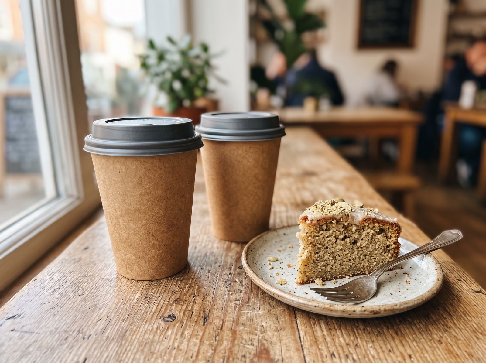 Two takeaway cups and a slice of cardamom cake on a cafe table