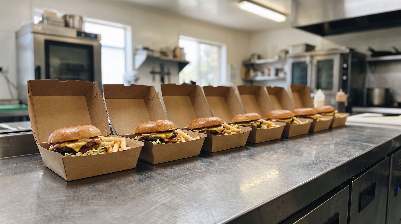 Identical prepared meals lined up on a counter, the same setup in every location