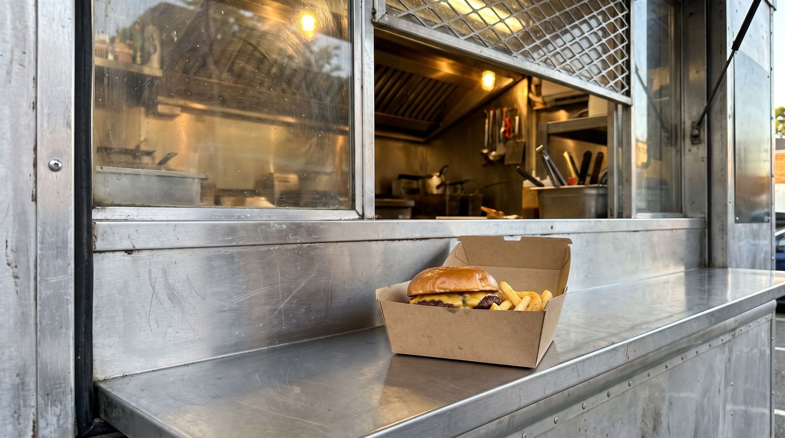 A box of food on the counter at a food truck serving hatch