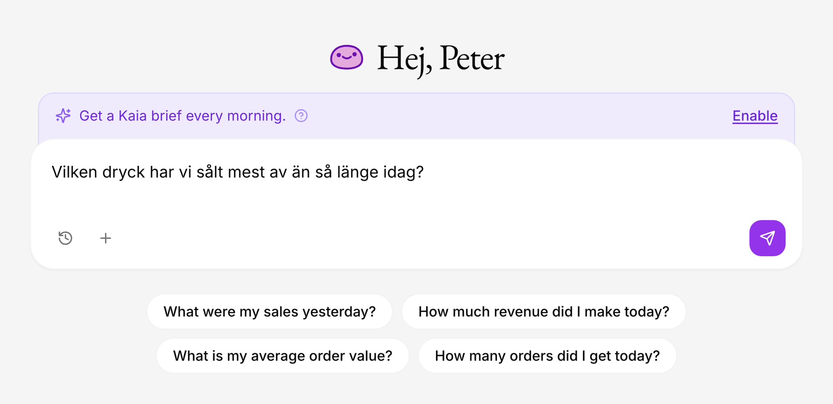The KAIA chat in Karma with a typed question about today's best-selling drink, and a daily morning brief