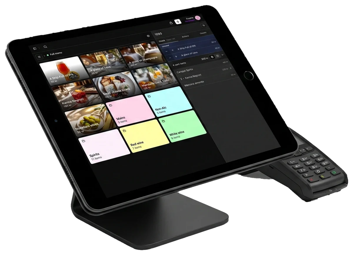 Karma POS on an iPad in a counter stand with a card terminal beside it