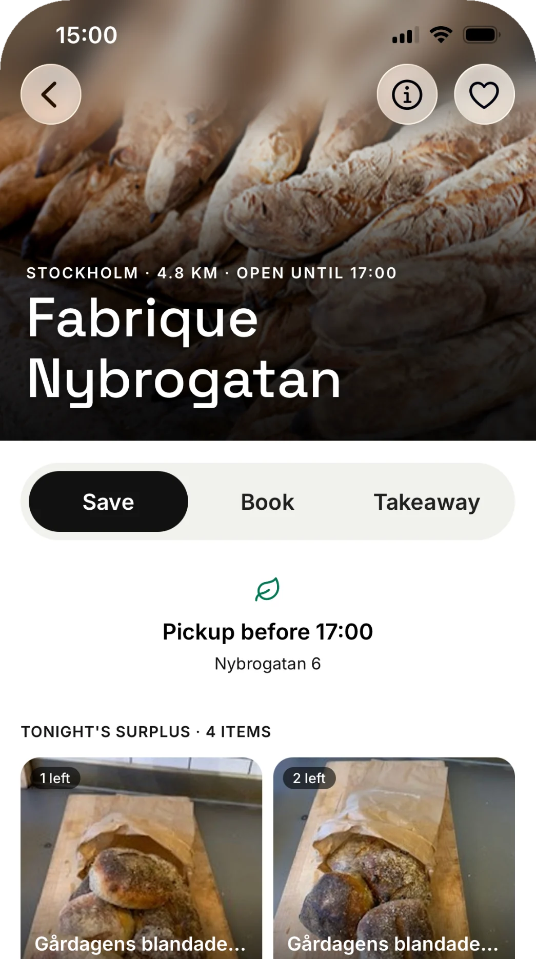 A bakery in the Karma app with tonight's surplus, four items to choose from