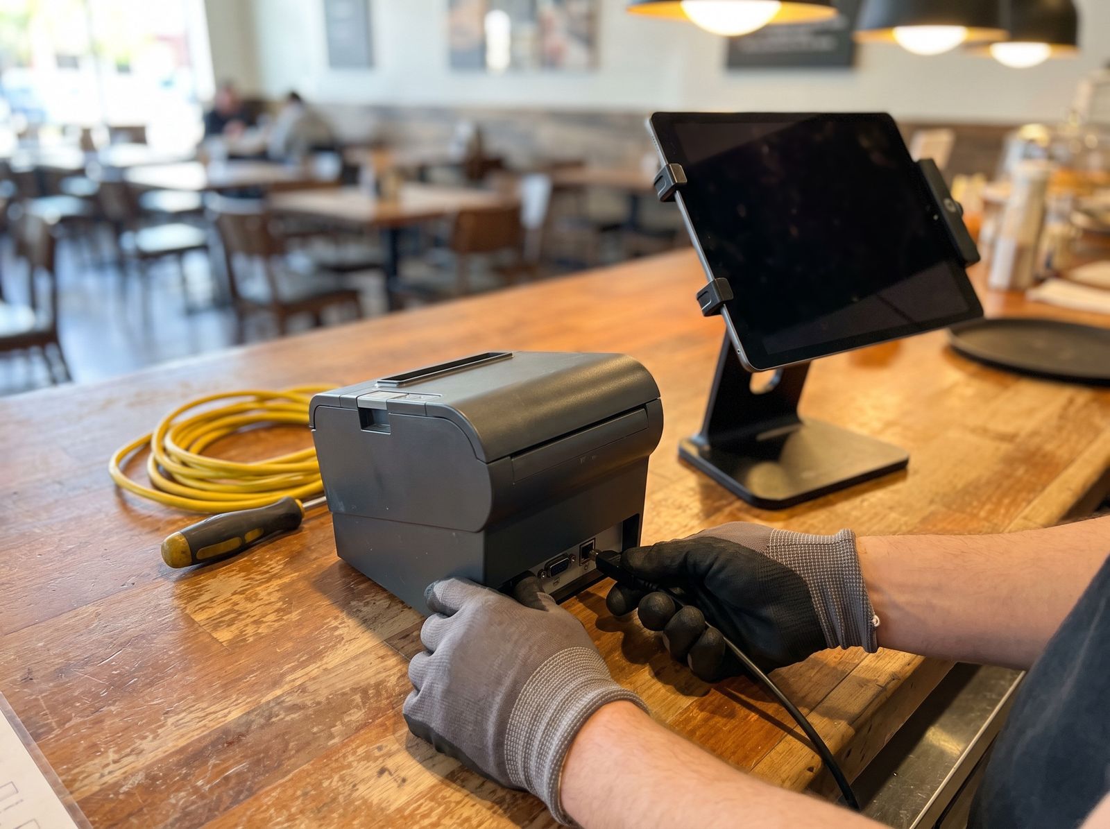A technician connecting the kitchen printer at the counter